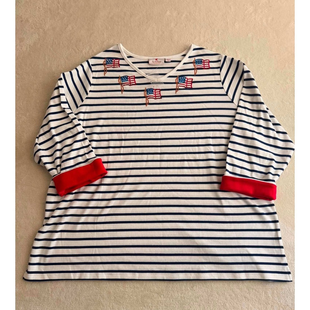 Quacker Factory Jeanne Bice American Flag Sequin Striped Top Red White Blue 3X